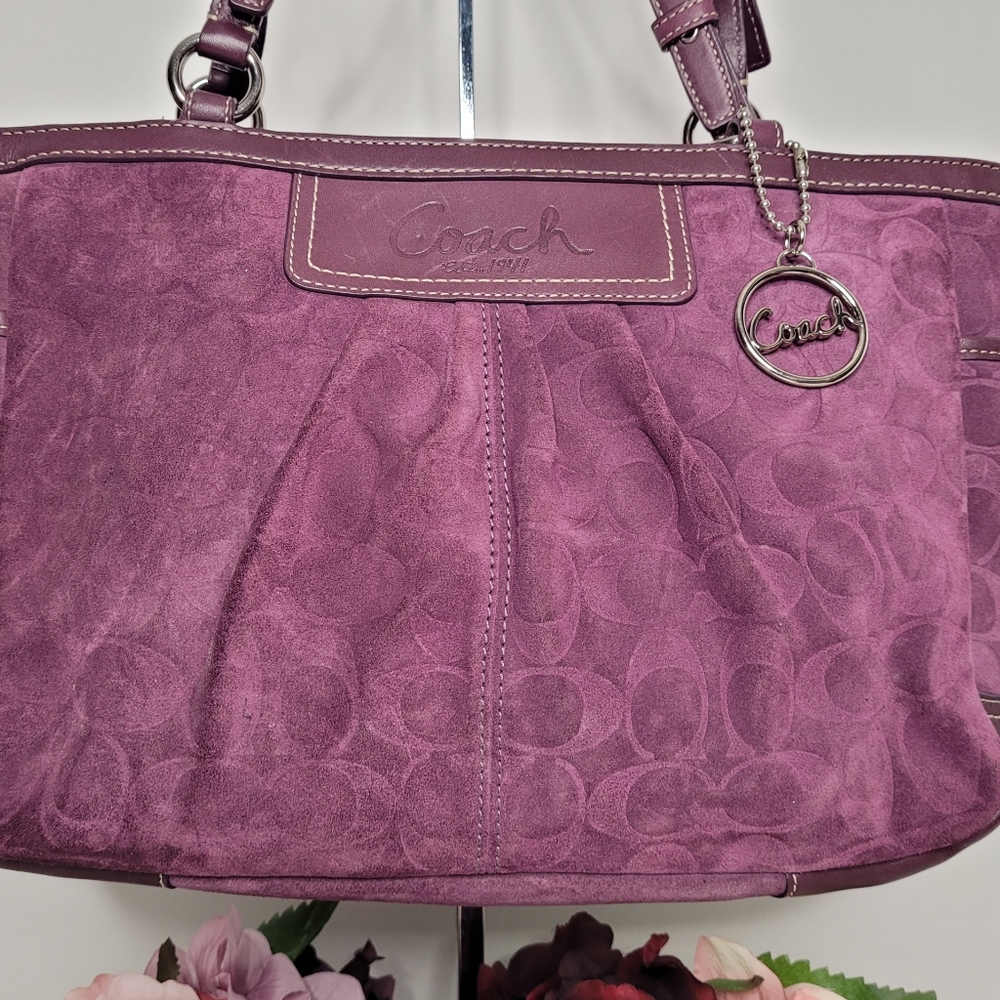 Coach Burgundy Suede Leather Logo Medium Satchel Handbag F0973-14000 - Picture 5 of 12